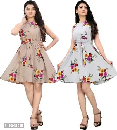 Stylish Multicoloured Crepe Printed A-Line Dress For Women Pack Of 2-thumb0