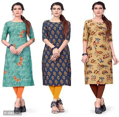 Stylish A-Line Multicoloured Printed Crepe Kurta Pack Of 3-thumb0