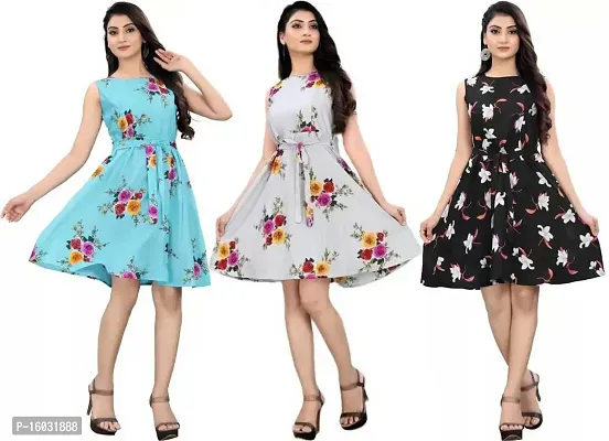 Stylish Multicoloured Crepe Printed Fit And Flare Dress For Women Pack Of 3