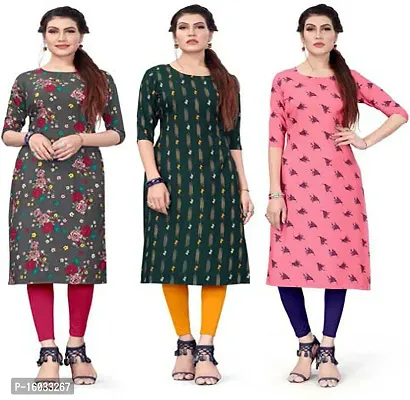 Stylish A-Line Multicoloured Printed Crepe Kurta Pack Of 3-thumb0