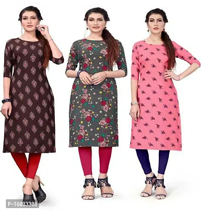 Stylish A-Line Multicoloured Printed Crepe Kurta Pack Of 3