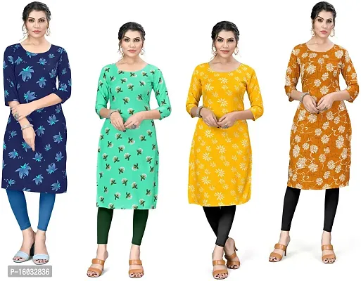 Stylish A-Line Multicoloured Printed Crepe Kurta Pack Of 4