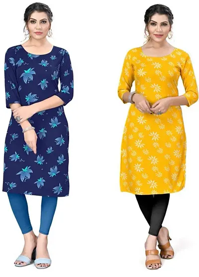 Stylish straight Multicoloured Printed Crepe Kurta Combo Of 2