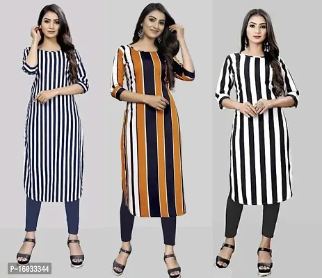 Stylish A-Line Multicoloured Striped Crepe Kurta Pack Of 3