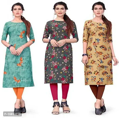 Stylish A-Line Multicoloured Printed Crepe Kurta Pack Of 3-thumb0