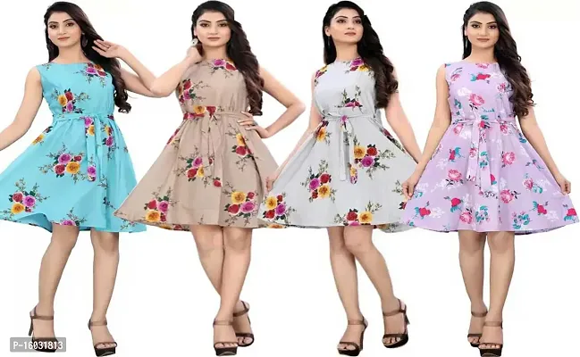 Stylish Multicoloured Crepe Printed A-Line Dress For Women Pack Of 4