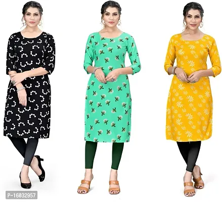 Stylish A-Line Multicoloured Printed Crepe Kurta Pack Of 3-thumb0