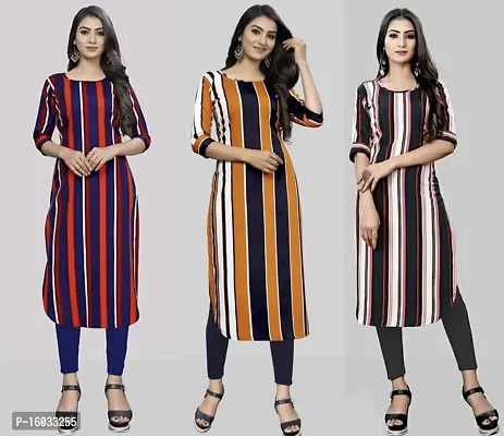 Stylish A-Line Multicoloured Striped Crepe Kurta Pack Of 3