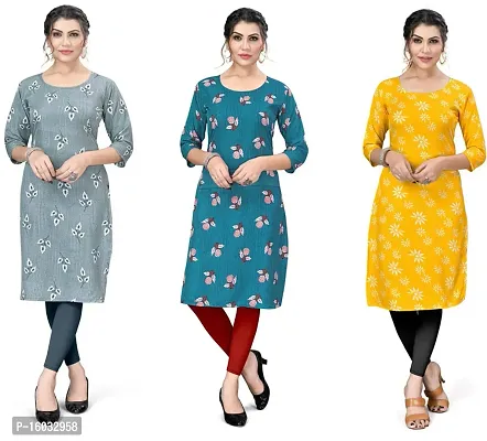 Stylish A-Line Multicoloured Printed Crepe Kurta Pack Of 3-thumb0