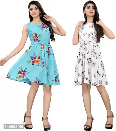 Stylish Multicoloured Crepe Floral Printed Fit And Flare Dress For Women Pack Of 2