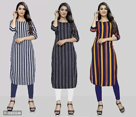 Stylish A-Line Multicoloured Striped Crepe Kurta Pack Of 3