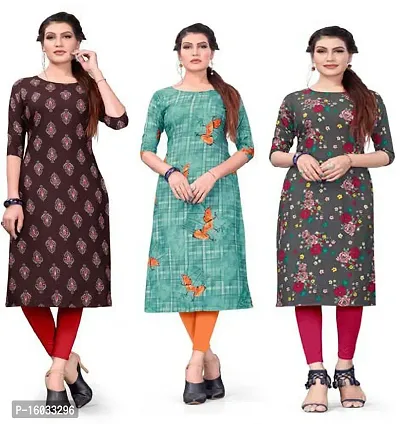 Stylish A-Line Multicoloured Printed Crepe Kurta Pack Of 3-thumb0