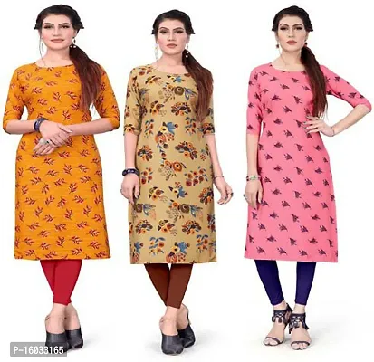 Stylish A-Line Multicoloured Printed Crepe Kurta Pack Of 3-thumb0