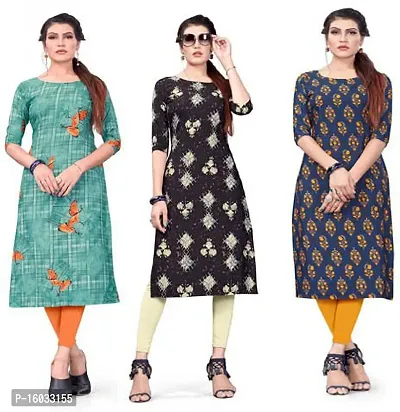 Stylish A-Line Multicoloured Printed Crepe Kurta Pack Of 3