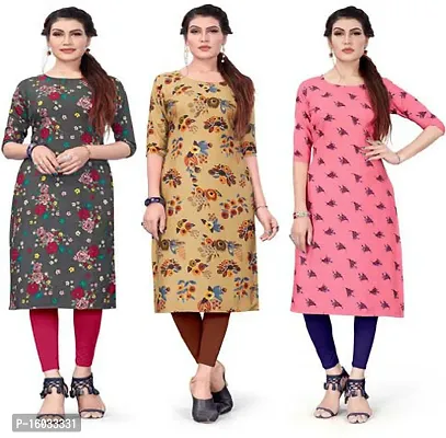 Stylish A-Line Multicoloured Printed Crepe Kurta Pack Of 3-thumb0