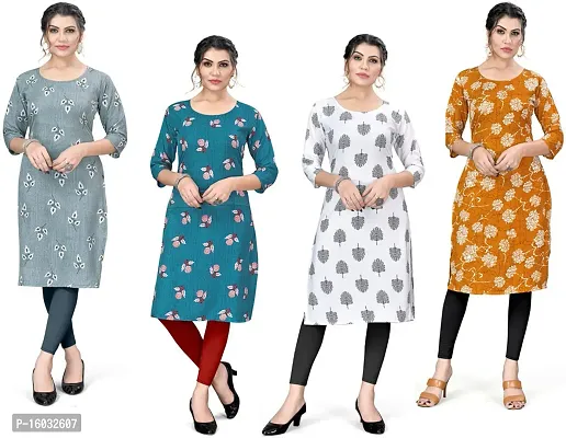 Stylish A-Line Multicoloured Printed Crepe Kurta Pack Of 4