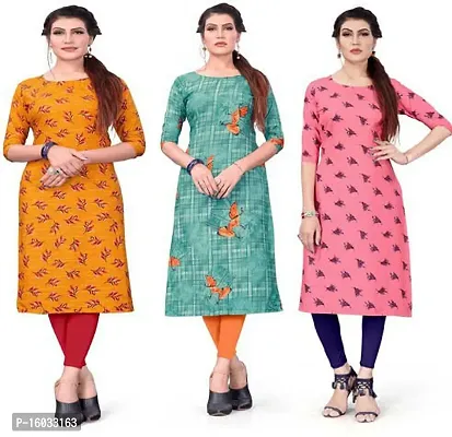 Stylish A-Line Multicoloured Printed Crepe Kurta Pack Of 3-thumb0