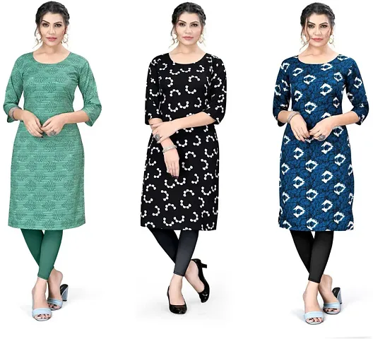 Trendy A-Line Multicoloured Printed Crepe Kurta Pack Of 3