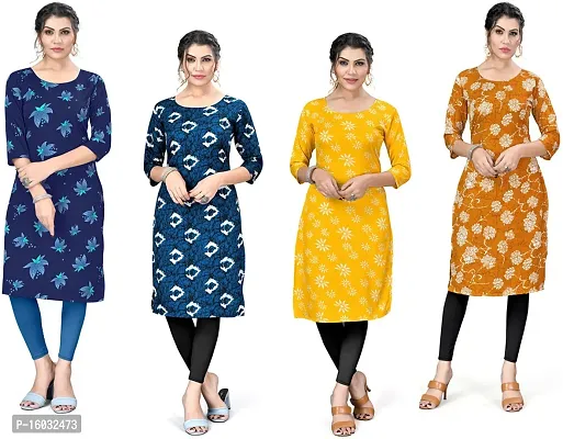 Stylish A-Line Multicoloured Printed Crepe Kurta Pack Of 4