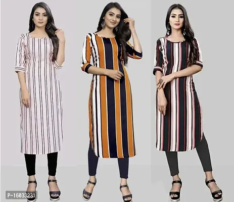 Stylish A-Line Multicoloured Striped Crepe Kurta Pack Of 3