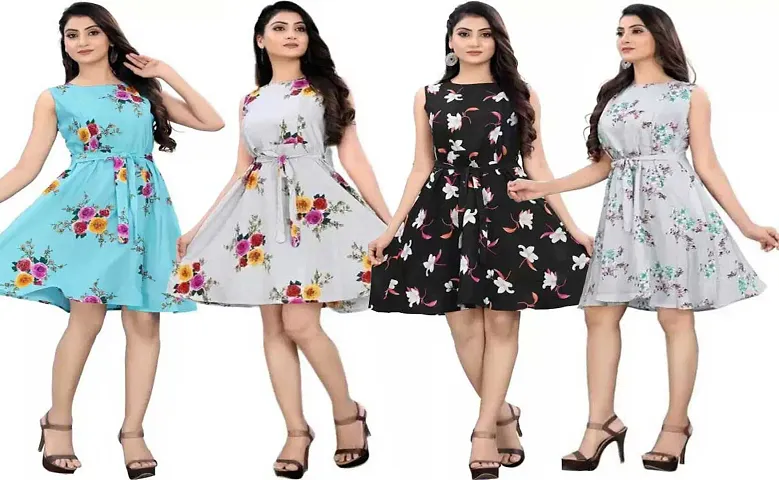 Stylish Multicoloured Crepe Printed A-Line Dress For Women Pack Of 4