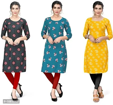 Stylish A-Line Multicoloured Printed Crepe Kurta Pack Of 3