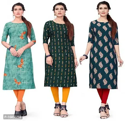 Stylish A-Line Multicoloured Printed Crepe Kurta Pack Of 3