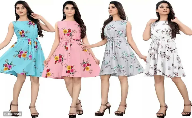 Stylish Multicoloured Crepe Printed A-Line Dress For Women Pack Of 4