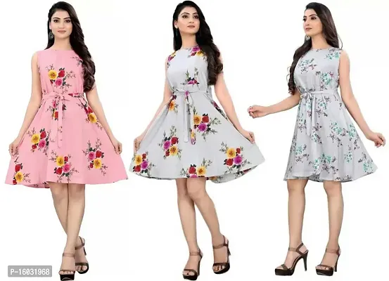 Stylish Multicoloured Crepe Printed A-Line Dress For Women Pack Of 3