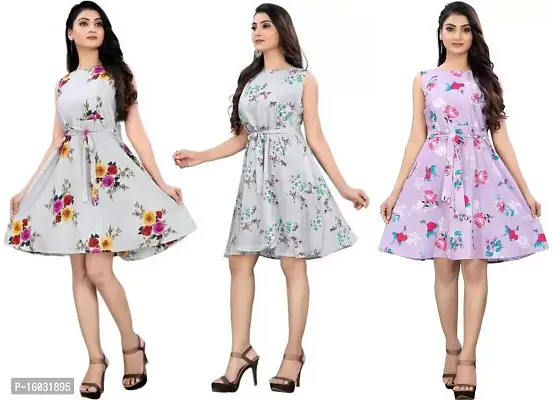 Stylish Multicoloured Crepe Printed A-Line Dress For Women Pack Of 3-thumb0