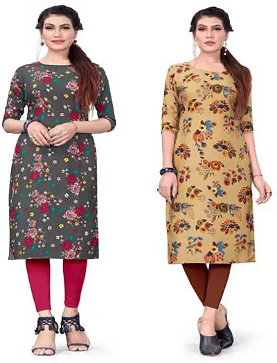 Women's Printed Full-Stitched Crepe Straight Kurti (Combo Pack Of 2)