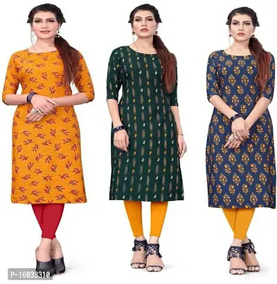 Stylish A-Line Multicoloured Printed Crepe Kurta Pack Of 3-thumb0