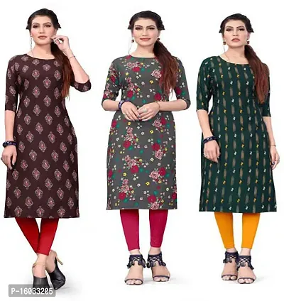 Stylish A-Line Multicoloured Printed Crepe Kurta Pack Of 3