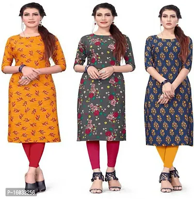 Stylish A-Line Multicoloured Printed Crepe Kurta Pack Of 3