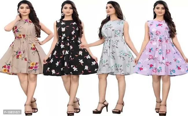 Stylish Multicoloured Crepe Printed A-Line Dress For Women Pack Of 4