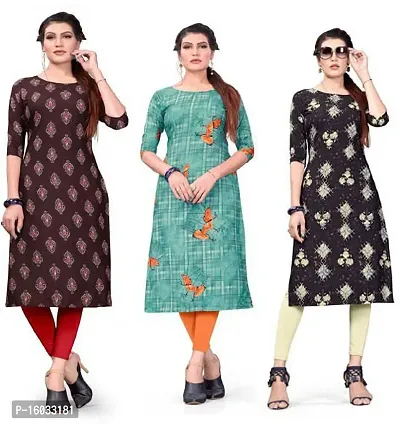 Stylish A-Line Multicoloured Printed Crepe Kurta Pack Of 3-thumb0