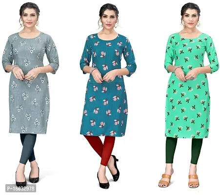 Stylish A-Line Multicoloured Printed Crepe Kurta Pack Of 3-thumb0