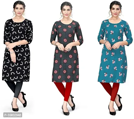 Stylish A-Line Multicoloured Printed Crepe Kurta Pack Of 3-thumb0