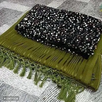 Stylish Georgette Olive Striped Saree With Blouse Piece