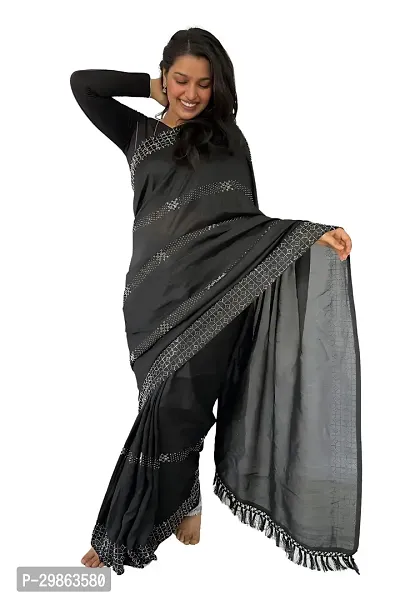 Elegant Black Silk Blend Printed Saree with Blouse piece For Women-thumb0