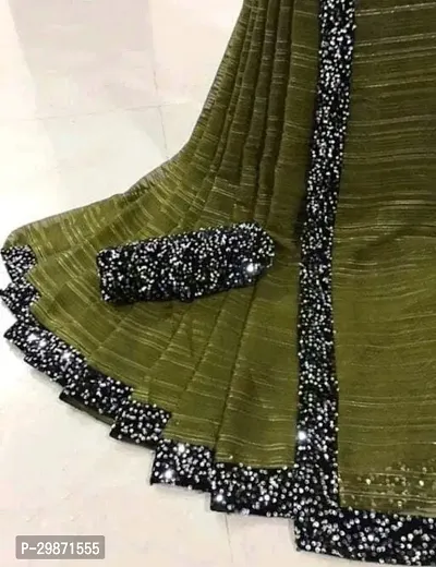 Stylish Georgette Olive Striped Saree With Blouse Piece