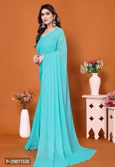 Stylish Georgette Sky Blue Striped Saree Without Blouse Piece