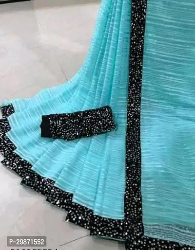 Stylish Georgette Sky Blue Striped Saree With Blouse Piece-thumb0