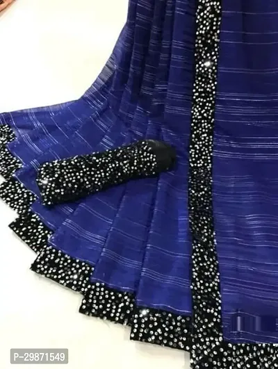 Stylish Georgette Navy Blue Striped Saree With Blouse Piece-thumb0