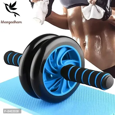 Anti Skid / Wobble Double Wheel Total Body AB Roller Exerciser for Abdominal Stomach Exercise Training with Knee Mat Steel Handle for Unisex (Black  Blue)-thumb0