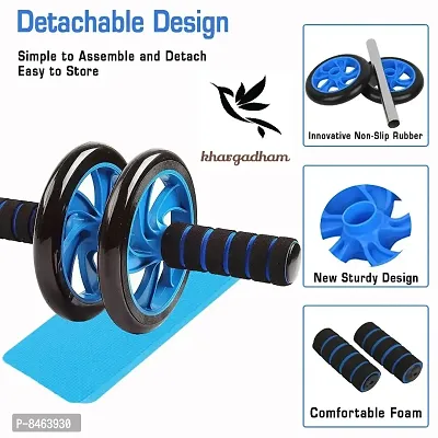Anti Skid / Wobble Double Wheel Total Body AB Roller Exerciser for Abdominal Stomach Exercise Training with Knee Mat Steel Handle for Unisex (Black  Blue)-thumb5