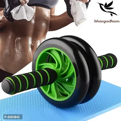 Anti Skid / Wobble Double Wheel Total Body AB Roller Exerciser for Abdominal Stomach Exercise Training with Knee Mat Steel Handle for Unisex (Black  Green)-thumb0