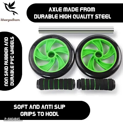 Anti Skid / Wobble Double Wheel Total Body AB Roller Exerciser for Abdominal Stomach Exercise Training with Knee Mat Steel Handle for Unisex (Black  Green)-thumb3