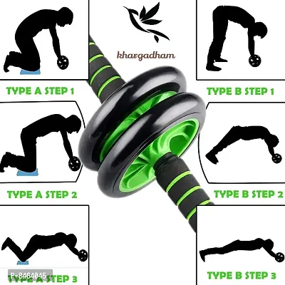 Anti Skid / Wobble Double Wheel Total Body AB Roller Exerciser for Abdominal Stomach Exercise Training with Knee Mat Steel Handle for Unisex (Black  Green)-thumb4