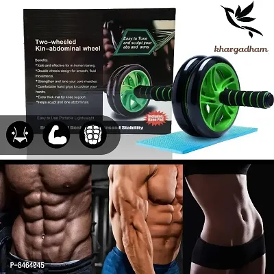 Anti Skid / Wobble Double Wheel Total Body AB Roller Exerciser for Abdominal Stomach Exercise Training with Knee Mat Steel Handle for Unisex (Black  Green)-thumb5